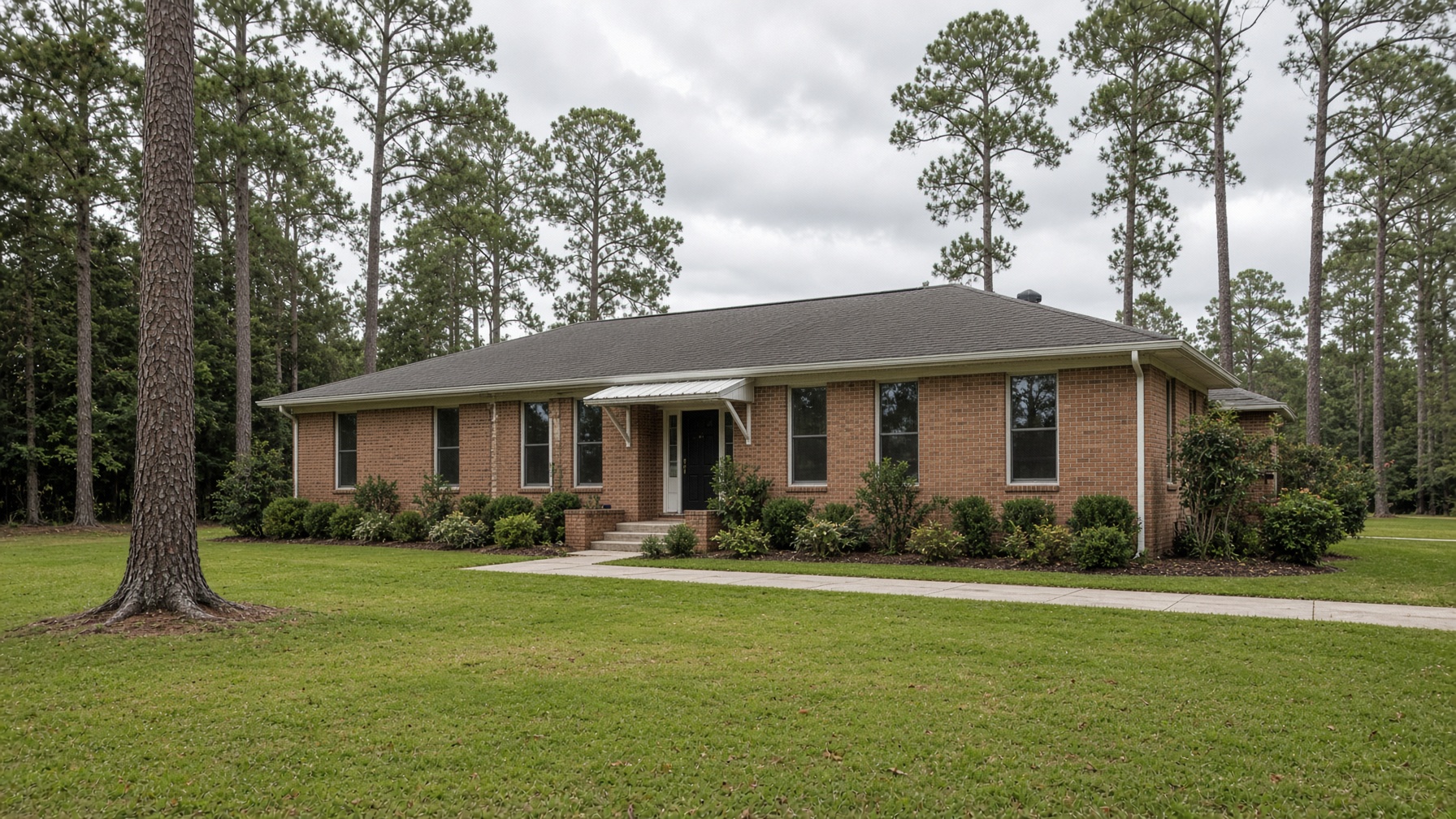 Brick ranch house with a covered porch