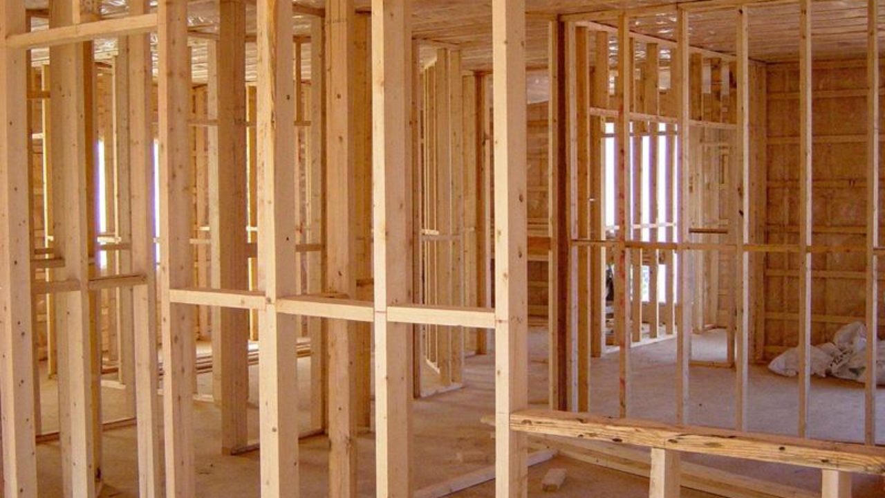 Wood stud framing of a new house before drywall