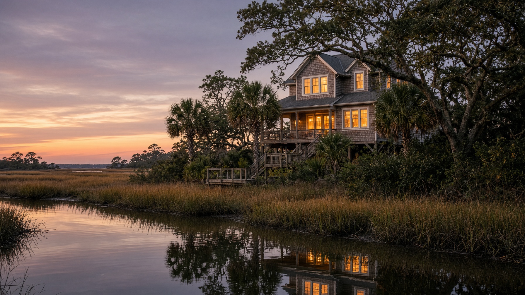 Coastal North Carolina home at dusk on a tidal marsh