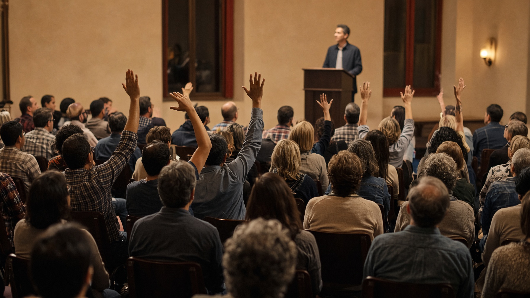 Audience members raising their hands toward a speaker