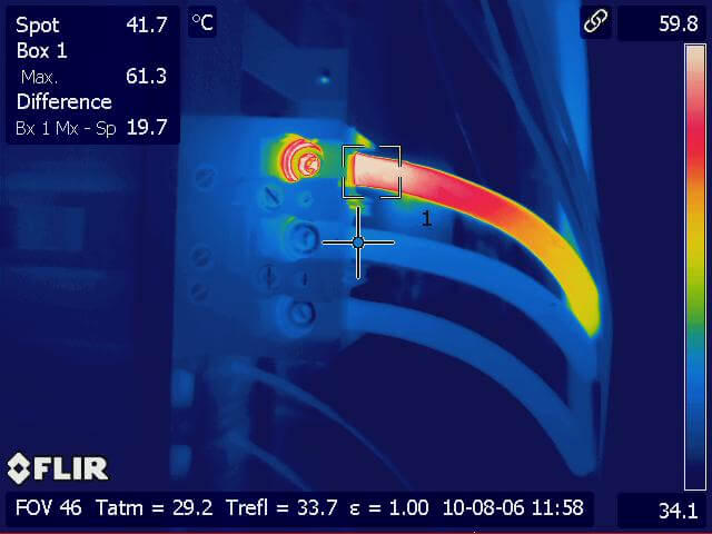 Infrared image of an overheating electrical conductor